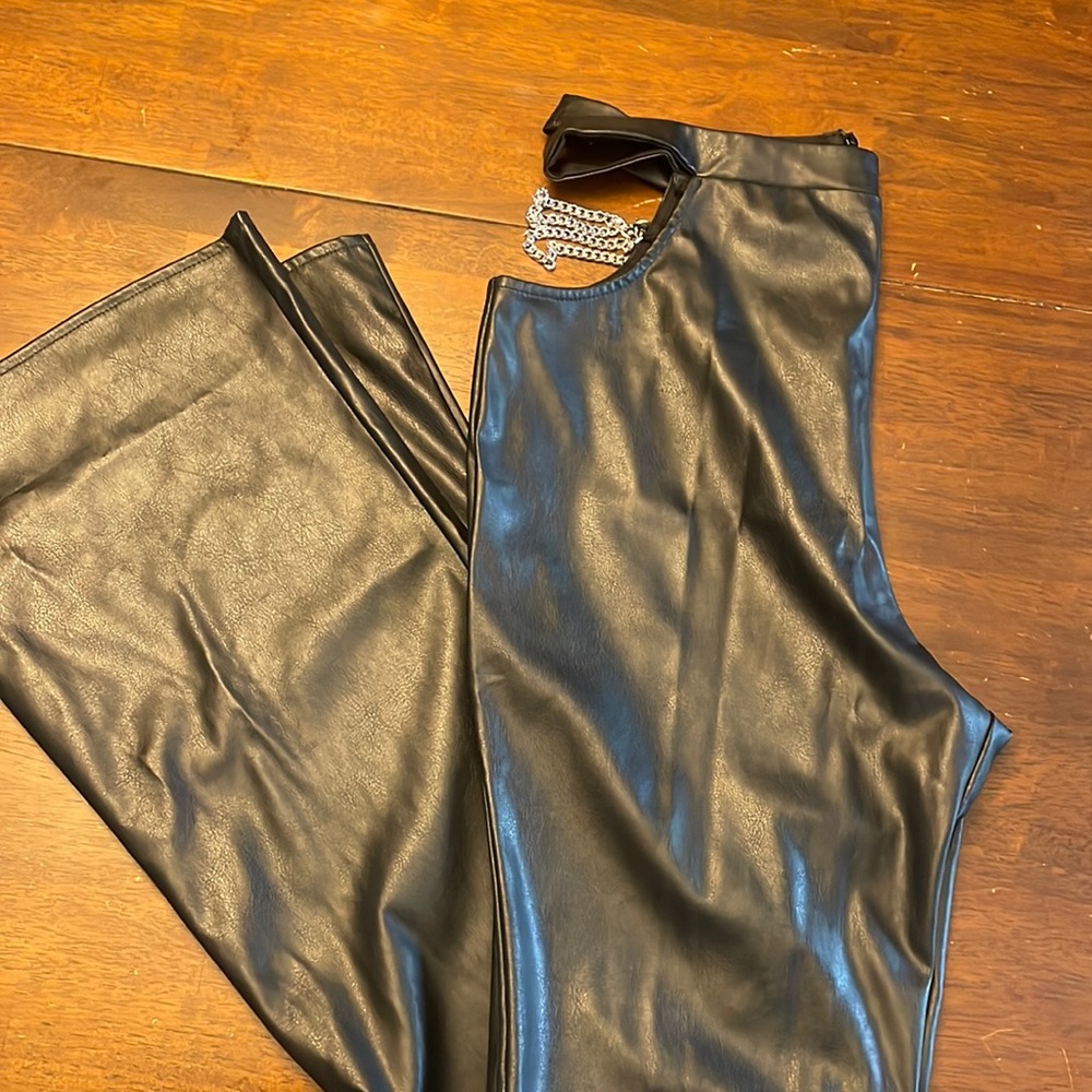 ASOS DESIGN jersey leather look flare pant with chain cutout detail